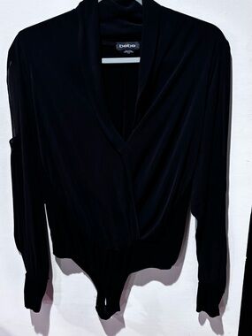 bebe Black Draped V-Neck Long Sleeve Bodysuit - Sleek Wrap Style